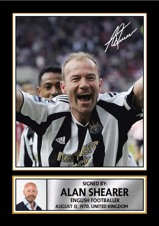 Alan Shearer Portrait Printed Signature Poster Print – Framed Football Wall Art with Plaque