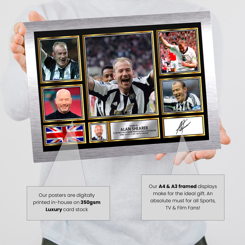 Alan Shearer Signed Autographed Poster Print – Landscape Collage with Photos, Plaque & British Flag – Framed Football Memorabilia– Gift for Fans & Collectors