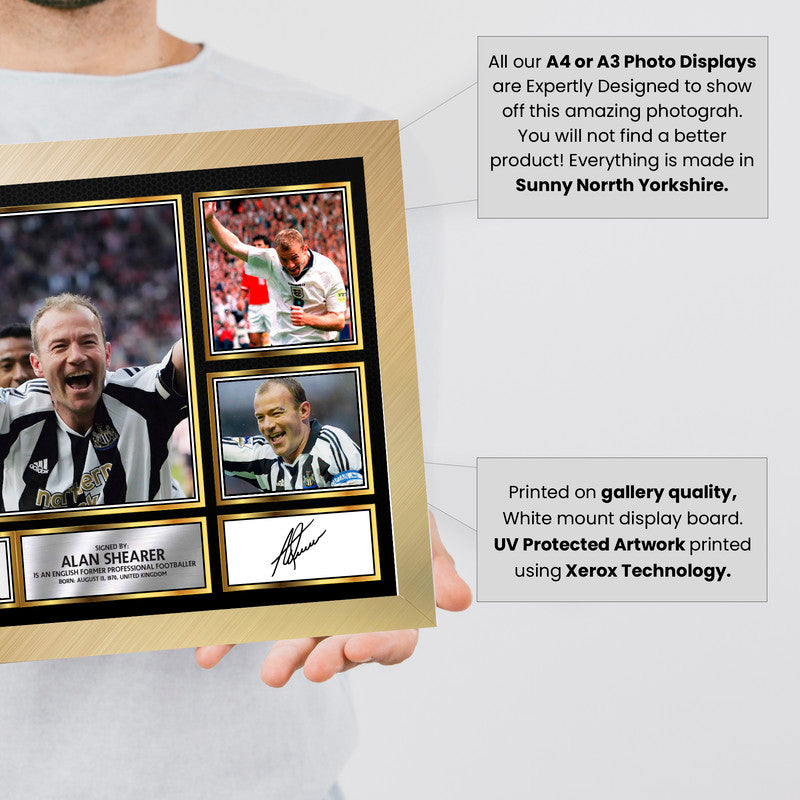 Alan Shearer Signed Autographed Poster Print – Landscape Collage with Photos, Plaque & British Flag – Framed Football Memorabilia– Gift for Fans & Collectors