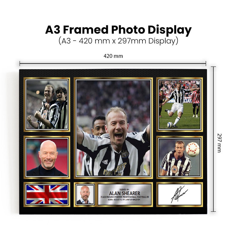 Alan Shearer Signed Autographed Poster Print – Landscape Collage with Photos, Plaque & British Flag – Framed Football Memorabilia– Gift for Fans & Collectors