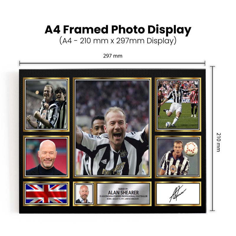 Alan Shearer Signed Autographed Poster Print – Landscape Collage with Photos, Plaque & British Flag – Framed Football Memorabilia– Gift for Fans & Collectors