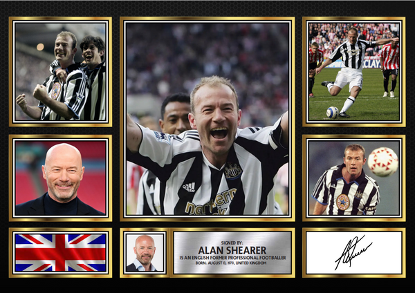 Alan Shearer Printed Signature Poster Print – Landscape Collage with Photos, Plaque & British Flag