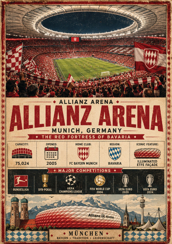Allianz Arena Munich Vintage Travel Poster – Germany Football Stadium Wall Art Print – Bayern Munich Stadium Artwork – Munich Landmark Décor