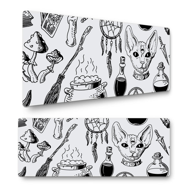 Witch Cat Gaming Mouse Mat – Extra Large 800x300mm Desk Pad – Mystical Cat & Magic Design – Non-Slip Rubber Base
