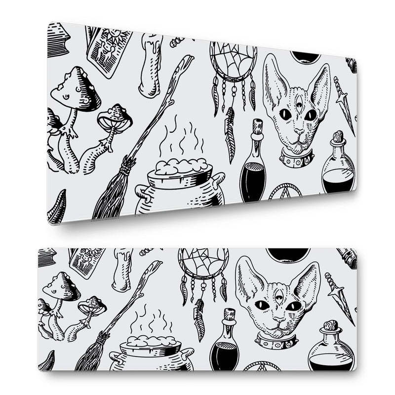 Witch Cat Gaming Mouse Mat – Extra Large 800x300mm Desk Pad – Mystical Cat & Magic Design – Non-Slip Rubber Base – Aesthetic Desk Decor for Gamers & Cat Lovers