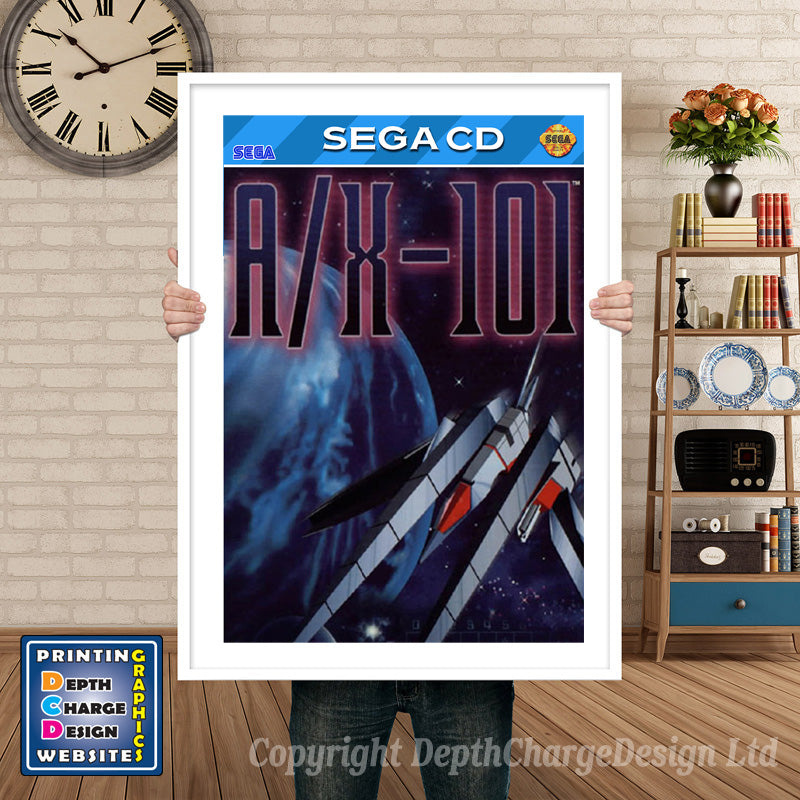 Ax101 Sega Sega Mega CD Inspired Retro Gaming Poster A4 A3 A2 Or A1 – Ax101 Sega Mega CD inspired retro gaming poster shown in a white frame