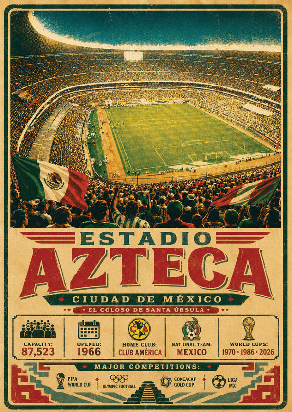 Estadio Azteca Vintage Travel Poster – Mexico City Football Stadium Wall Art Print – Iconic Stadium Artwork – Retro Sports Décor