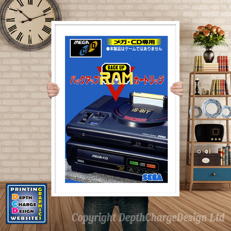 Backup Ram Cart_Jp Sega Sega Mega CD Inspired Retro Gaming Poster A4 A3 A2 Or A1 – Backup Ram Cart Jp Sega Mega CD inspired retro gaming poster shown in a white frame