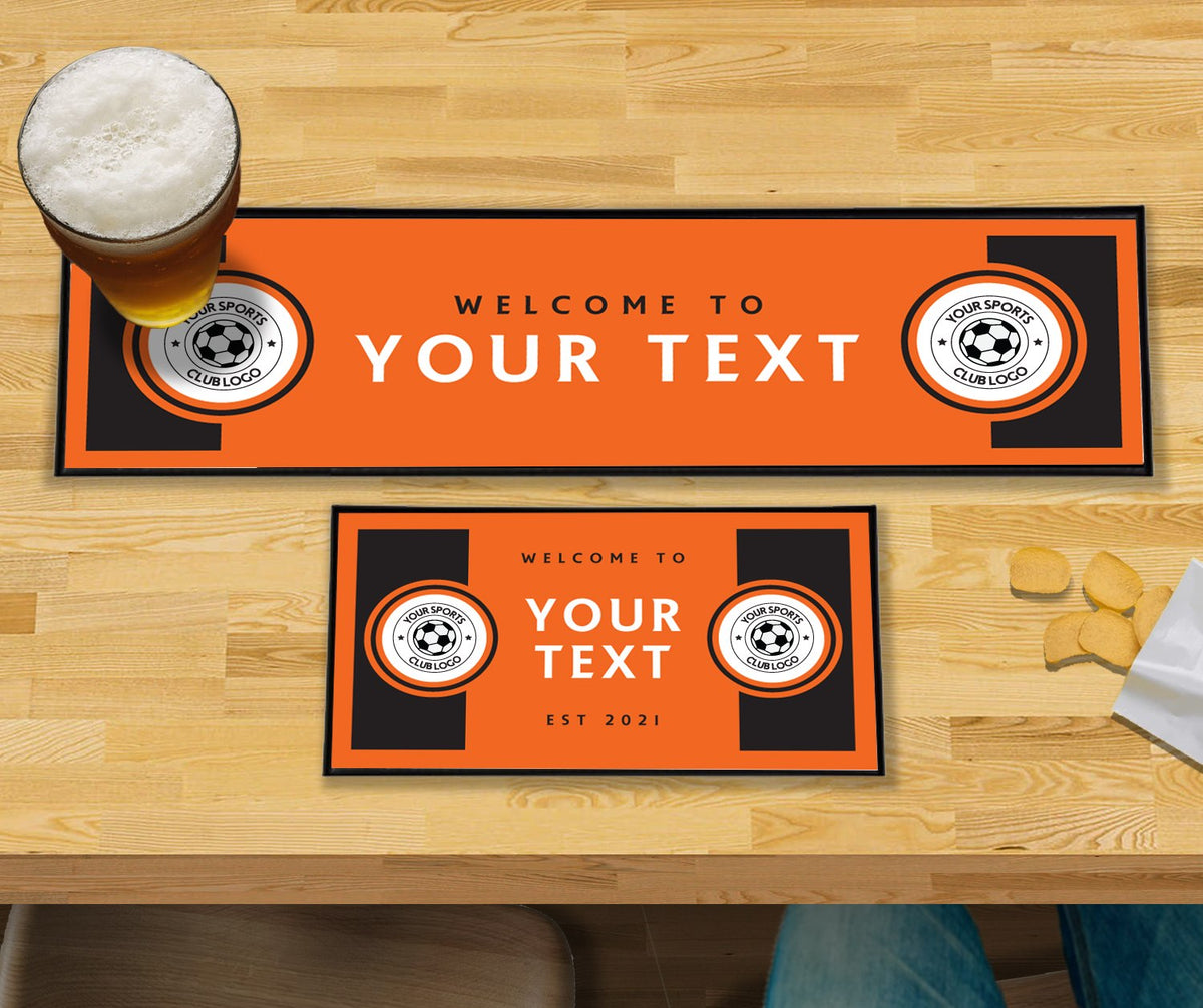 Personalised black and orange club bar mat – large runner and small mat on a home bar