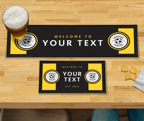 Personalised black and yellow club bar mat – large runner and small mat on a home bar