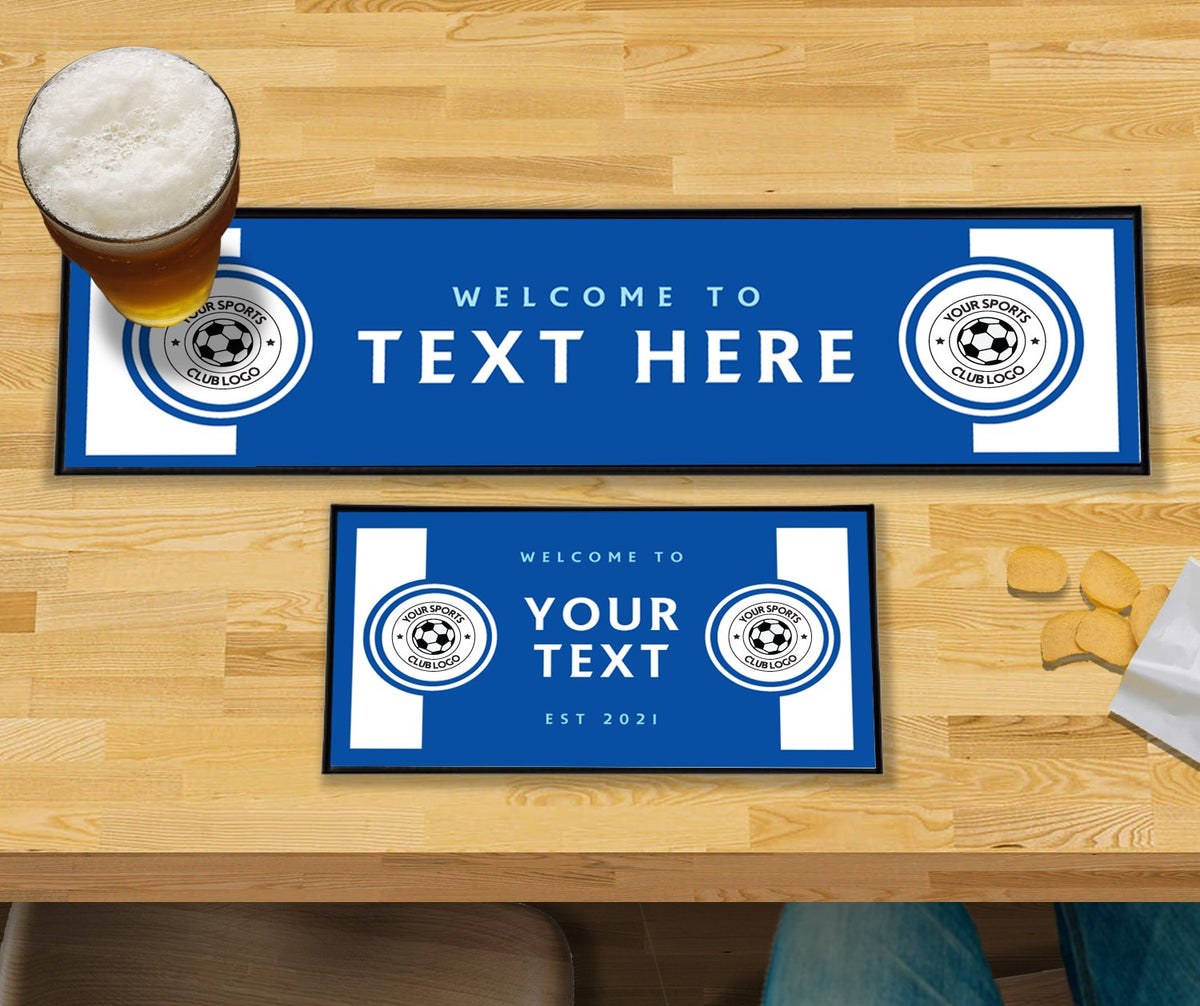 Personalised blue and white club bar mat – large runner and small mat on a home bar