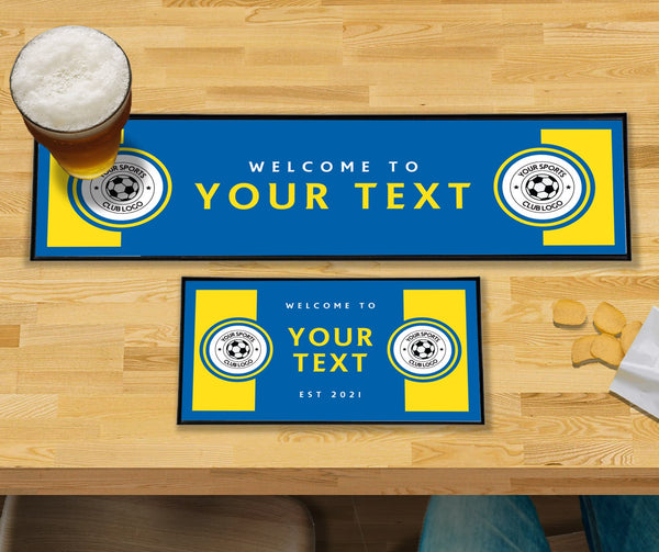 Personalised blue and yellow club bar mat – large runner and small mat on a home bar