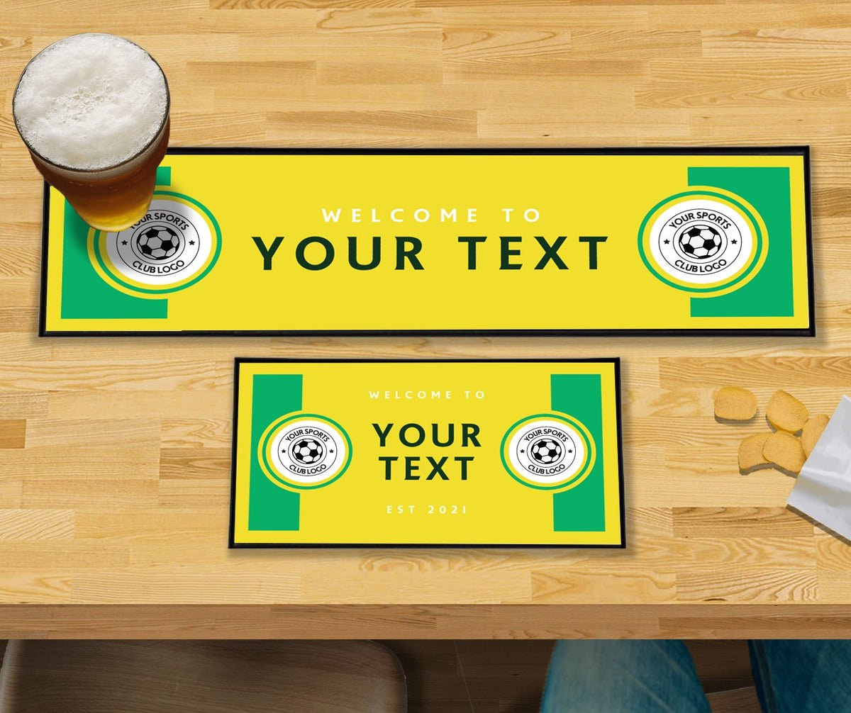 Personalised green and yellow club bar mat – large runner and small mat on a home bar