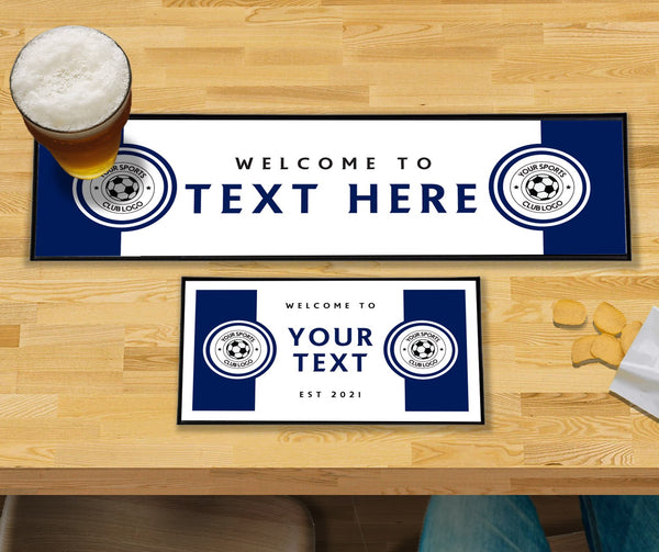 Personalised navy and white club bar mat – large runner and small mat on a home bar