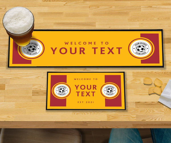 Personalised yellow and red club bar mat – large runner and small mat on a home bar