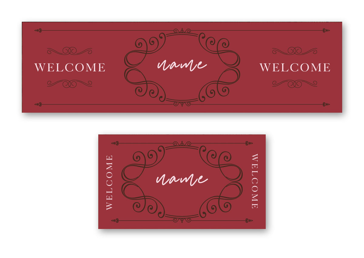 Personalised welcome name bar runner – long runner and small mat, burgundy welcome design