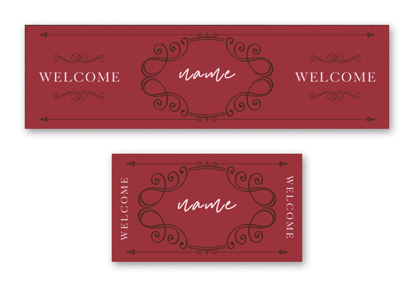 Personalised welcome name bar runner – long runner and small mat, burgundy welcome design
