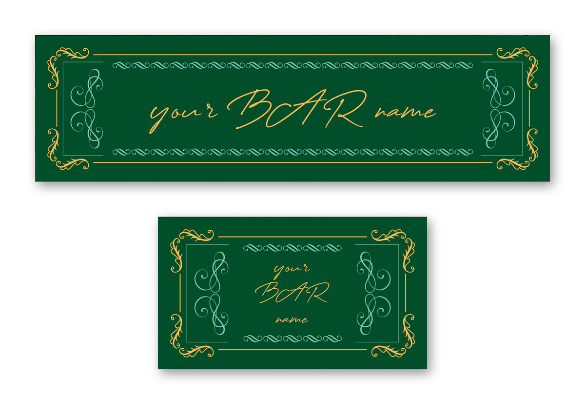 Personalised green and gold bar runner – long runner and small mat, emerald flourish design