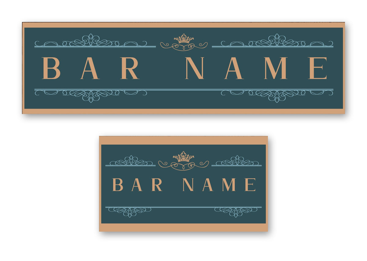 Personalised teal bar mat with crown – long runner and small mat, crown & copper design