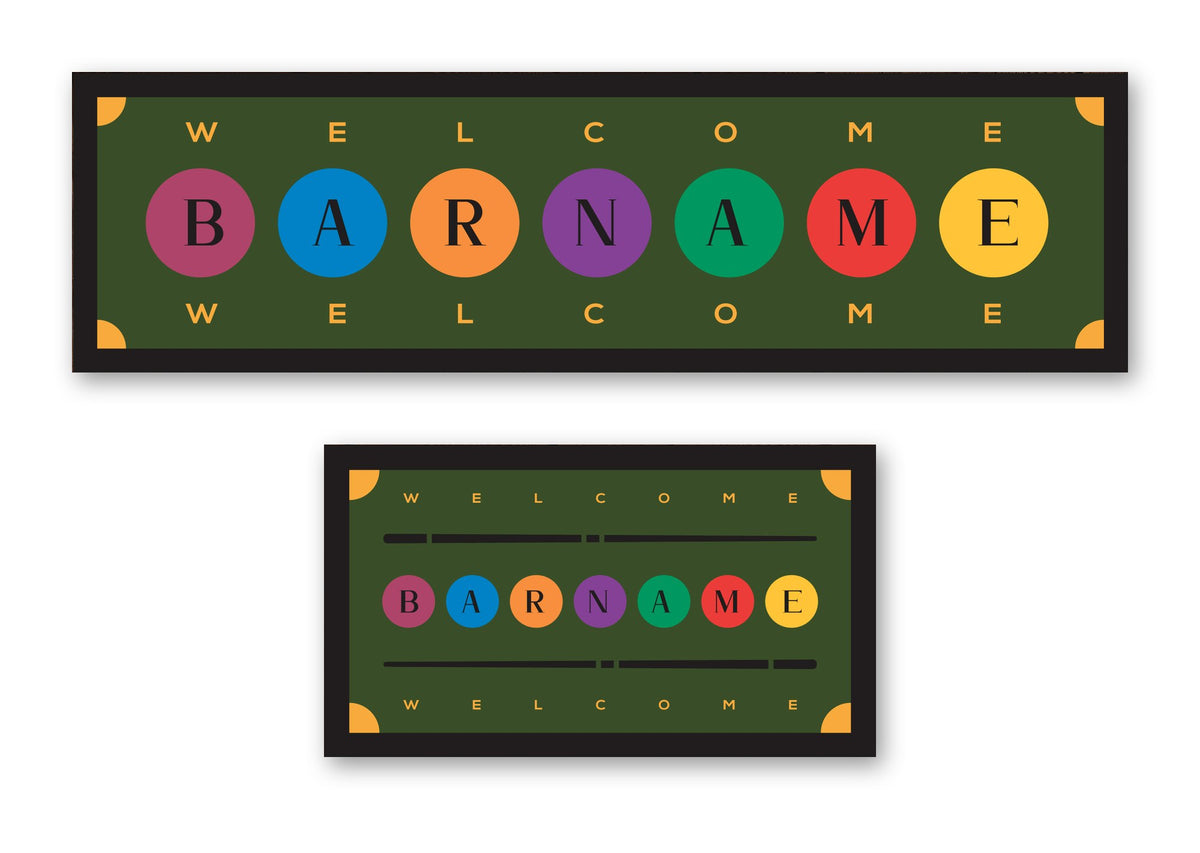 Personalised colourful bar name mat – long runner and small mat, rainbow bubbles design
