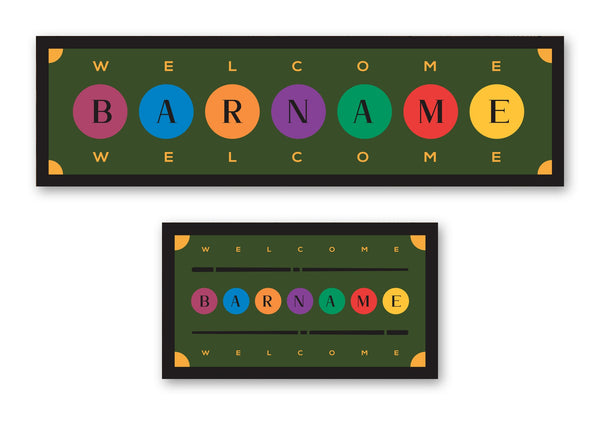 Personalised colourful bar name mat – long runner and small mat, rainbow bubbles design