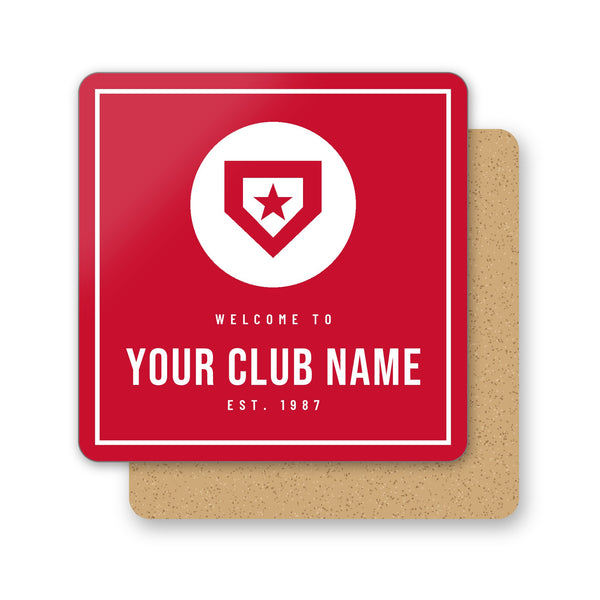 Personalised club colours coaster in red and white team colours with a circle for your club badge