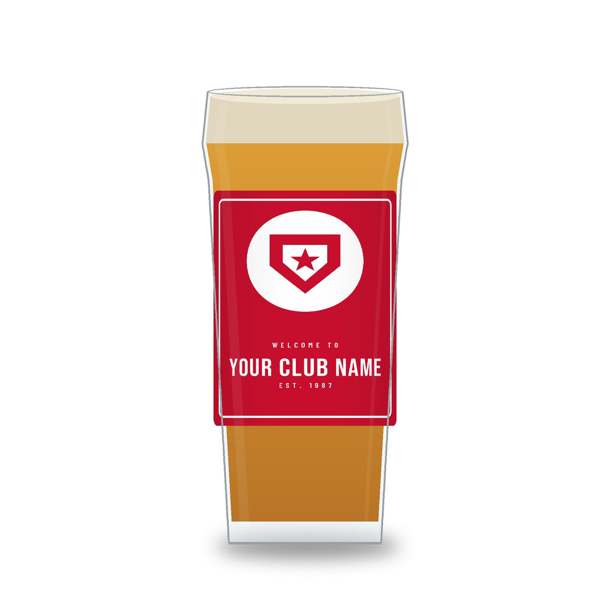 Personalised club colours pint glass in red and white team colours with a circle for your club badge