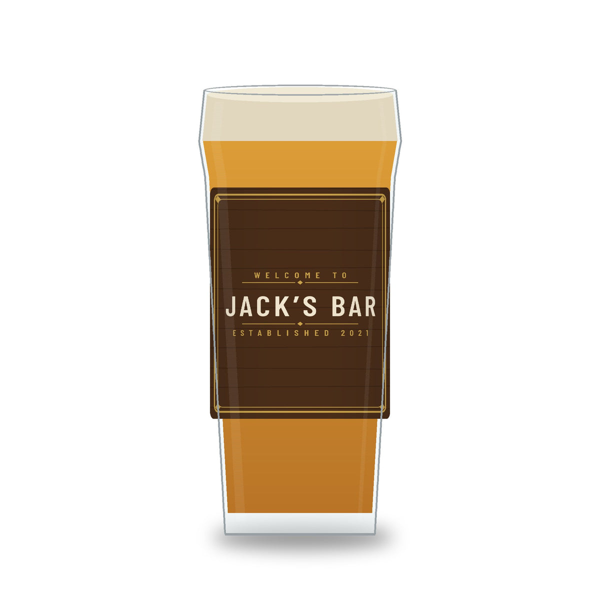 Personalised rustic home bar pint glass printed with the name Jack’s Bar