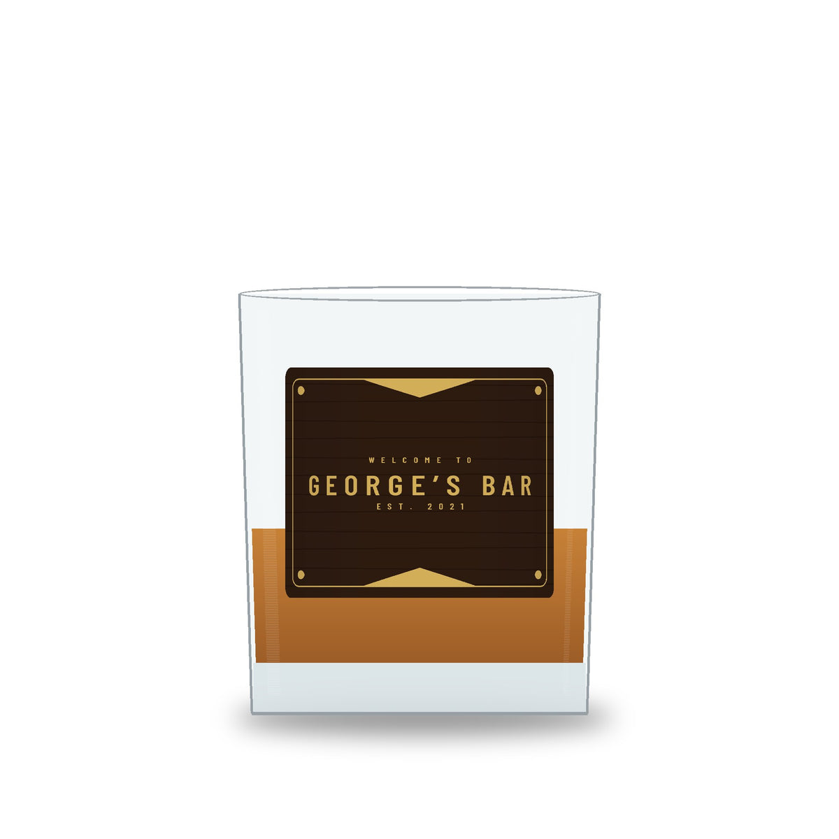 Personalised walnut and gold whisky tumbler printed with the name George’s Bar