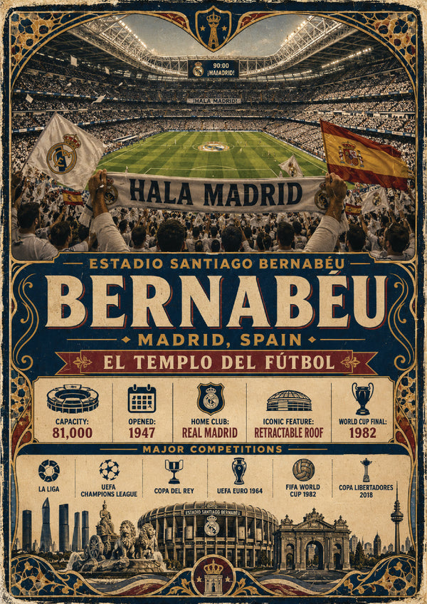 Santiago Bernabéu Stadium Vintage Travel Poster – Madrid Spain Football Stadium Wall Art Print – Bernabéu Stadium Artwork – Retro Sports Décor