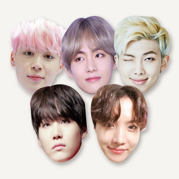BTS face mask pack: five printed card masks of Jimin, V, RM, Suga and J-Hope side by side