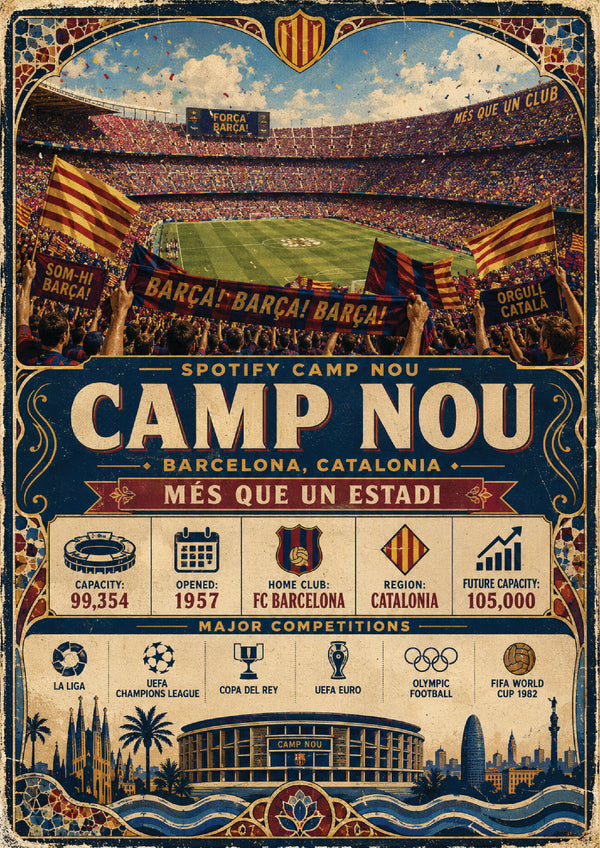 Camp Nou Stadium Vintage Travel Poster – Barcelona Spain Football Stadium Wall Art Print – Camp Nou Stadium Artwork – Retro Sports Décor