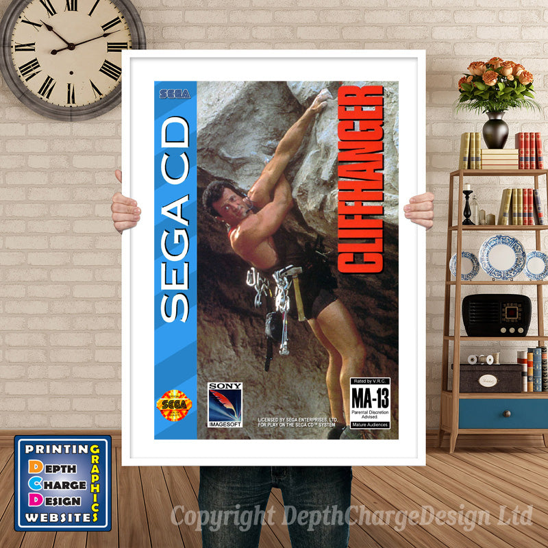 Cliffhanger Sega Sega Mega CD Inspired Retro Gaming Poster A4 A3 A2 Or A1 – Cliffhanger Sega Mega CD inspired retro gaming poster shown in a white frame