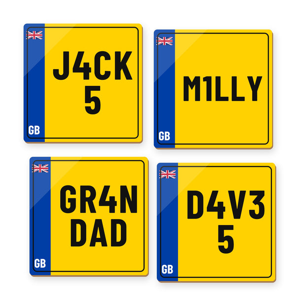 Set of 4 personalised number plate coasters with any name