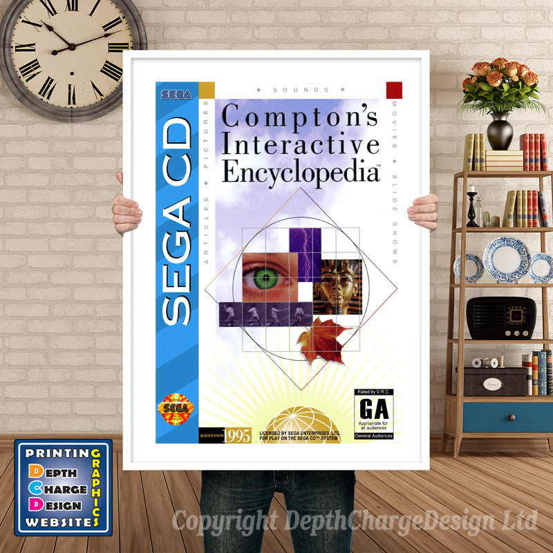 Comptons Interactive Encyclopedia Sega Sega Mega CD Inspired Retro Gaming Poster A4 A3 A2 Or A1 – Comptons Interactive Encyclopedia Sega Mega CD inspired retro gaming poster shown in a white frame