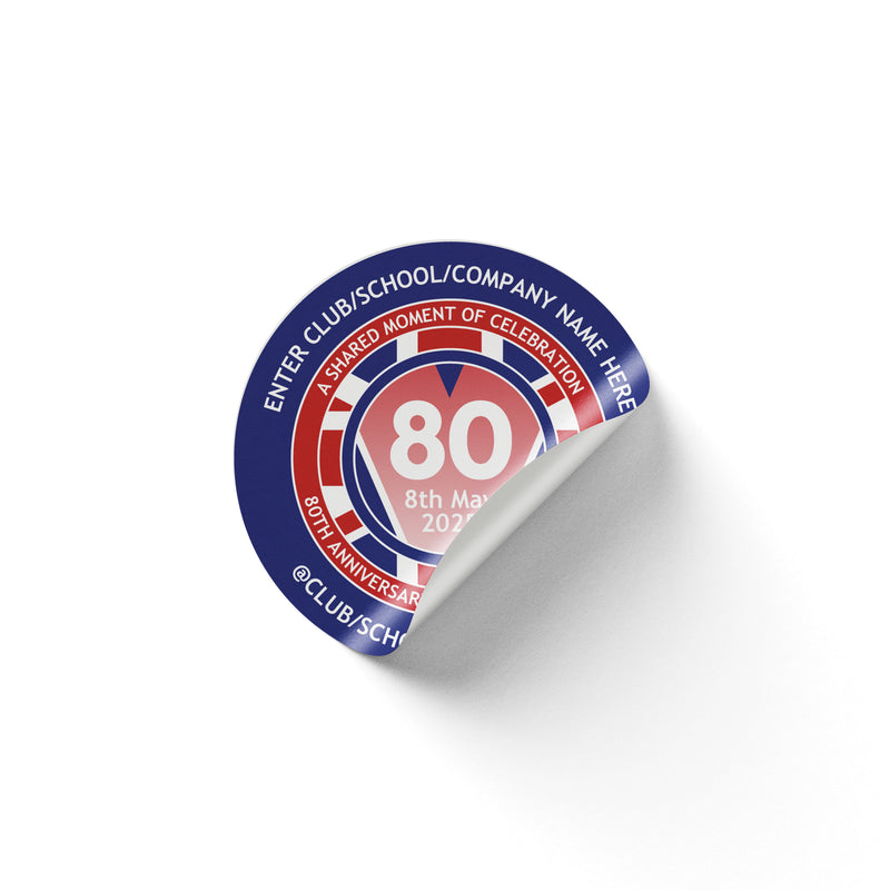 VE Day 80th Anniversary 50mm CUSTOM NAME Round Stickers Design 1 (Pack of 40) - Special Edition