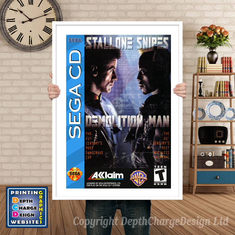 Demolition Man Sega Sega Mega CD Inspired Retro Gaming Poster A4 A3 A2 Or A1 – Demolition Man Sega Mega CD inspired retro gaming poster shown in a white frame
