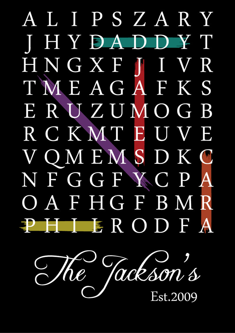 FAMILY EST. BLACK PERSONALISED WORD SEARCH CUSTOM WORD PUZZLE UNIQUE HIGH QUALITY DEISGN