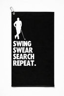 Swing Swear Search Repeat golf towel on a plain background