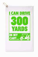 300 yards in my cart golf towel on a plain background