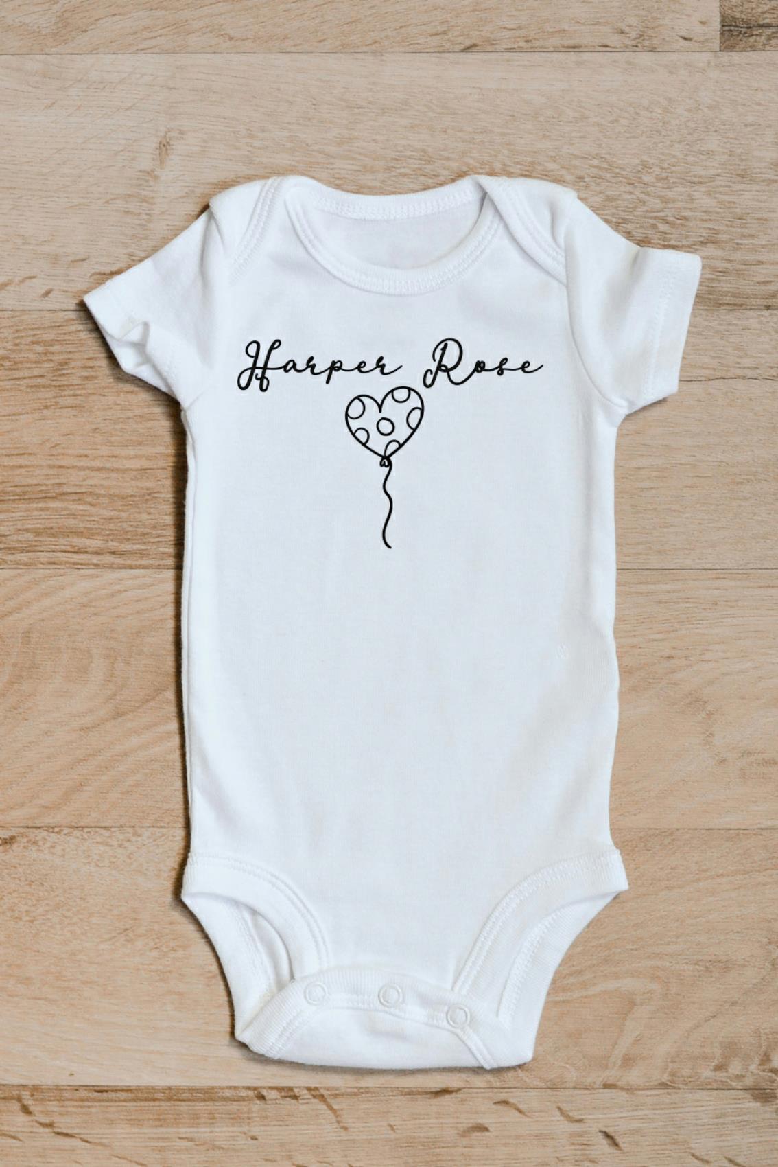Personalised Baby Name Balloon Baby Grow – Baby Vest with Name & Balloon Design – Baby name balloon baby grow showing the printed design on the front