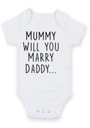Flat mockup of the Mummy marry Daddy proposal design on a short-sleeve baby vest