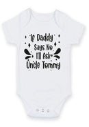 Flat mockup of the if Daddy says no ask Uncle design on a short-sleeve baby vest