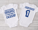 Personalised football baby grow with Born to Support Everton like Daddy design, personalised with baby's name