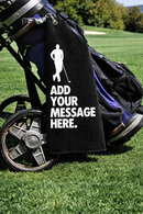 Personalised golf towel with a custom message, clipped to a golf bag