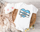 Personalised Mother's Day baby grow with Heart With Banner design in blue, printed with baby's name