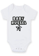 Flat mockup of the baby family name star design on a short-sleeve baby vest
