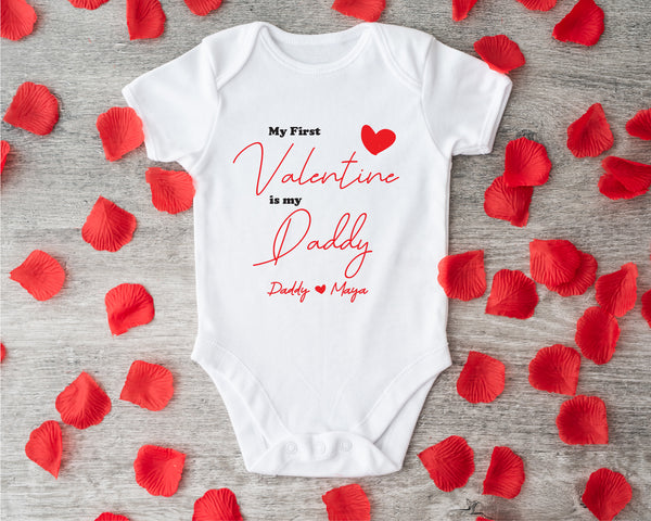 My First Valentine is my Daddy baby grow showing the printed design on the front