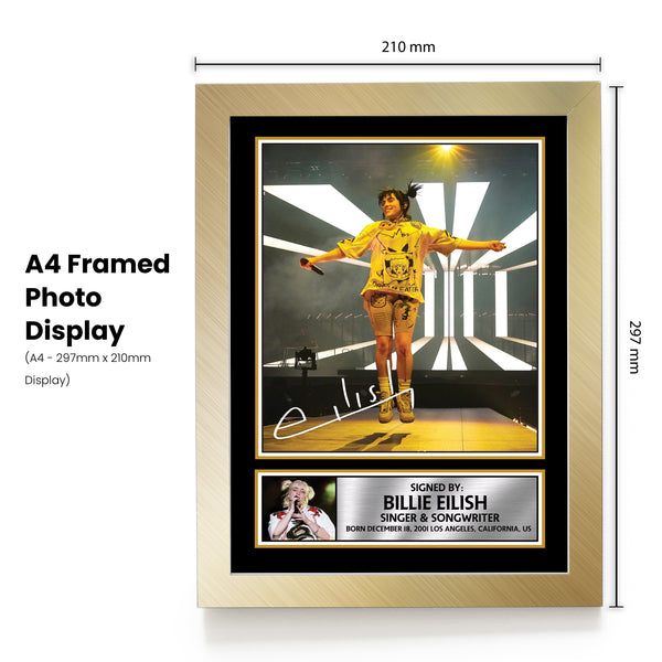Billie Eilish poster print, design 1 shown in a gold frame, unofficial music wall art