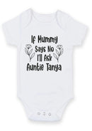 Flat mockup of the if Mummy says no ask Auntie design on a short-sleeve baby vest